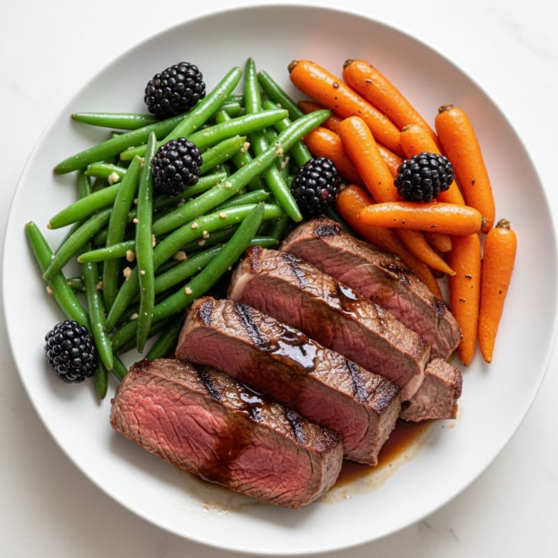 Seared Sirloin Steak with Garlic Green Beans and Roasted Carrots