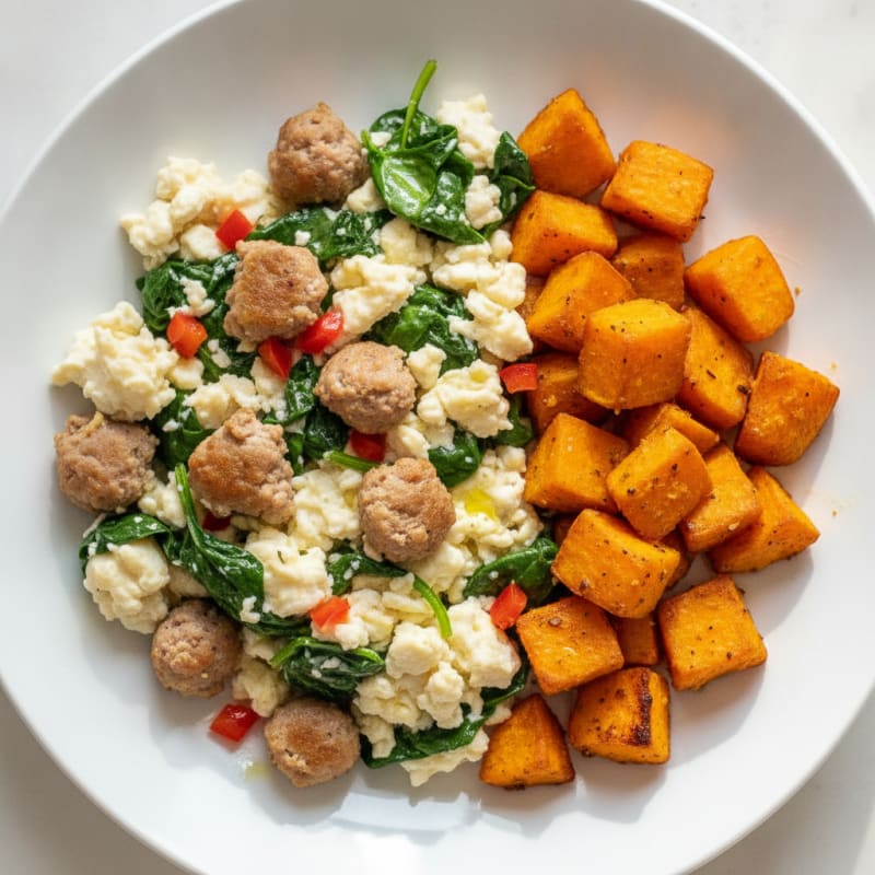 Egg White and Turkey Sausage Scramble with Spinach and Roasted Sweet Potato