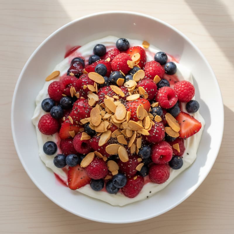 Greek Yogurt Parfait with Whey Protein, Berries, and Almond Crunch