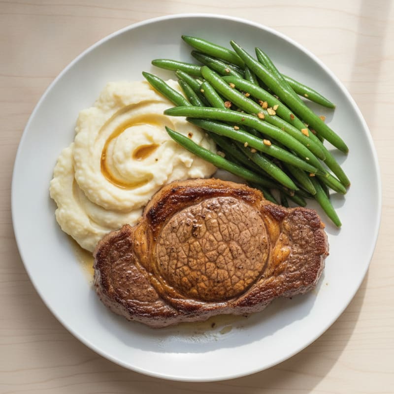 Seared Sirloin Steak with Garlic Green Beans and Mashed Cauliflower