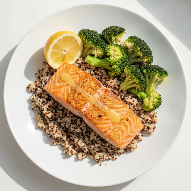 Seared Salmon with Steamed Broccoli and Quinoa