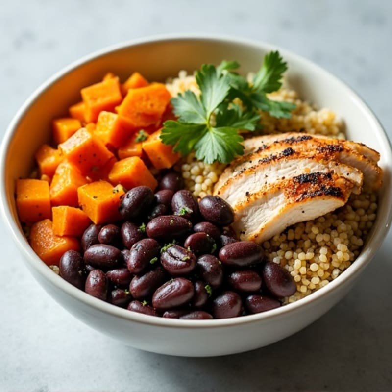 Quinoa Black Bean Power Bowl with Roasted Sweet Potatoes