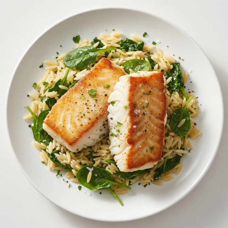 Mediterranean Pan-Seared Cod with Lemon-Herb Orzo