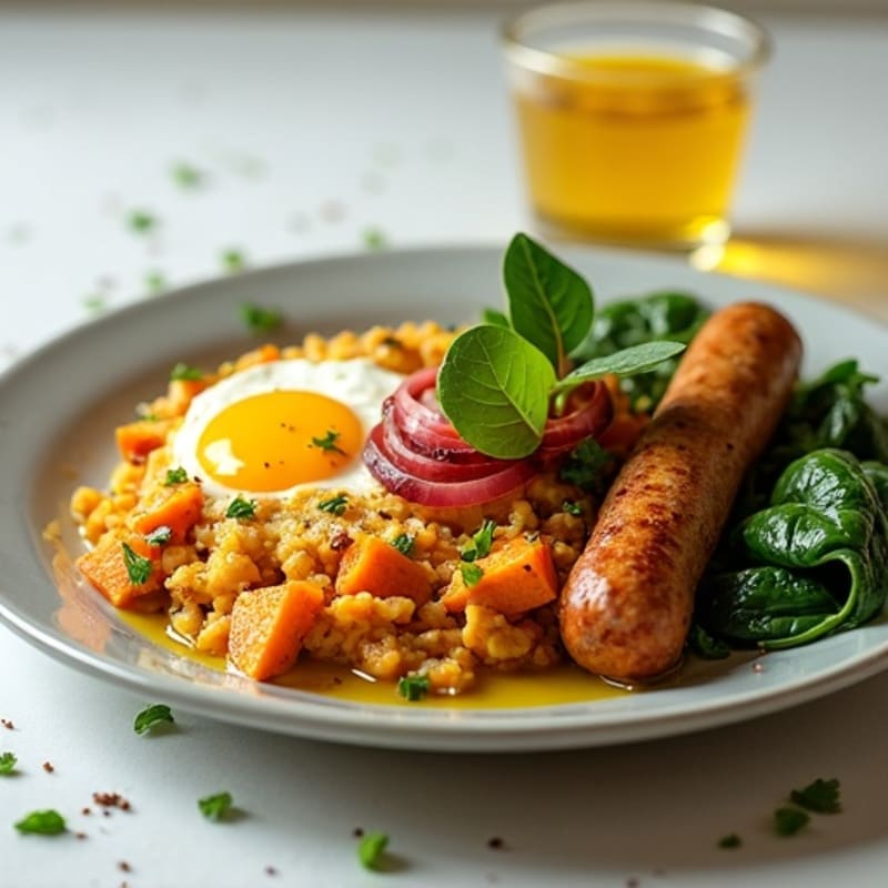 Egg White and Chicken Sausage Scramble with Roasted Sweet Potatoes