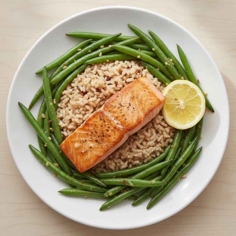 Seared Salmon Fillet with Garlic Green Beans and Brown Rice