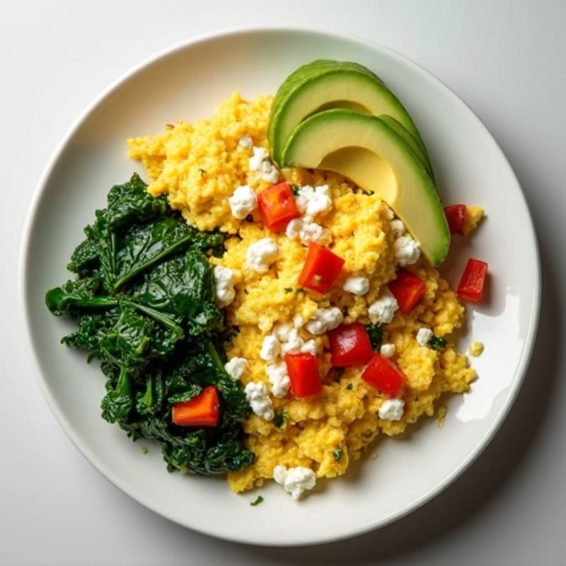 Egg White Veggie Scramble with Cottage Cheese and Sautéed Spinach