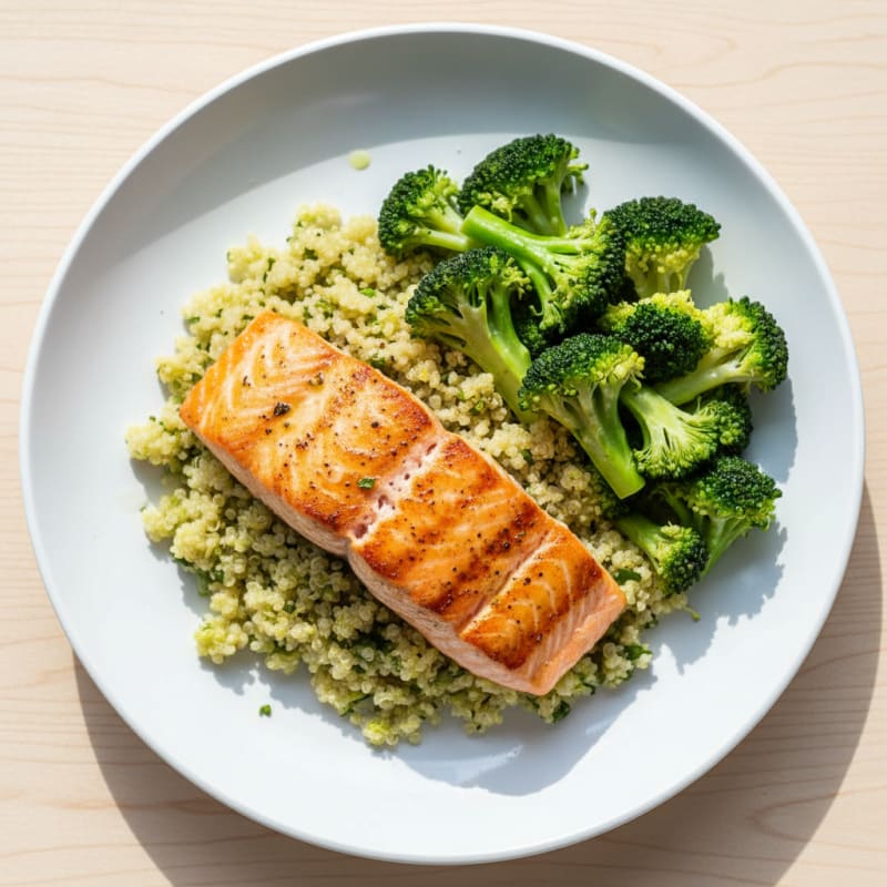 Seared Salmon with Steamed Broccoli and Lemon Quinoa
