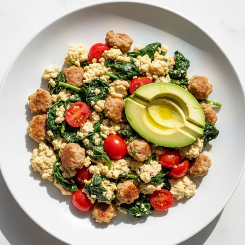 Egg White and Turkey Sausage Scramble with Spinach and Tomatoes