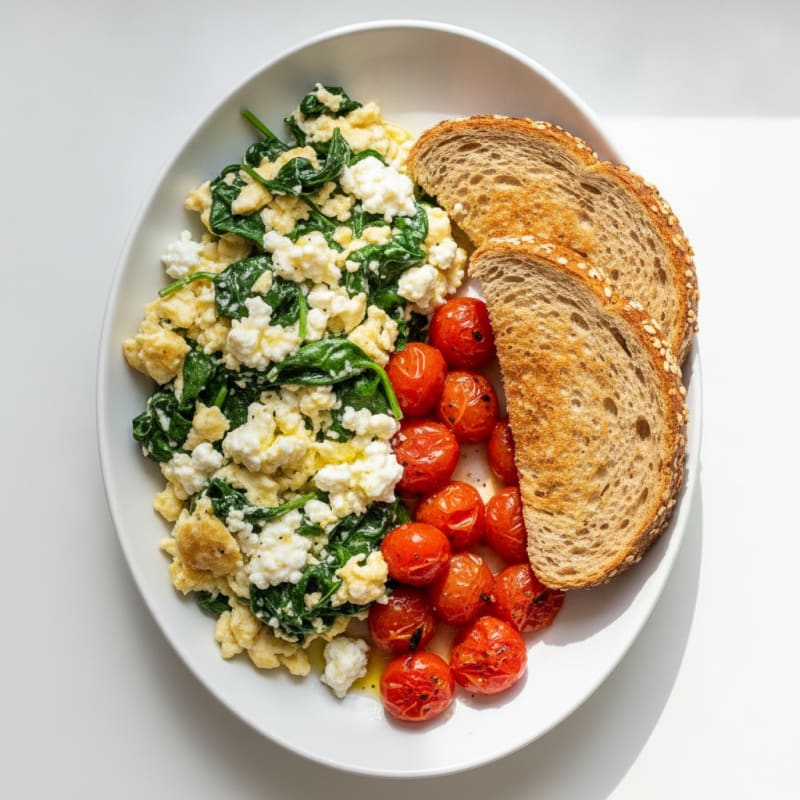 Egg White and Spinach Scramble with Cottage Cheese and Cherry Tomatoes