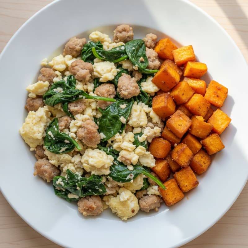 Egg White and Turkey Sausage Scramble with Spinach and Roasted Sweet Potato