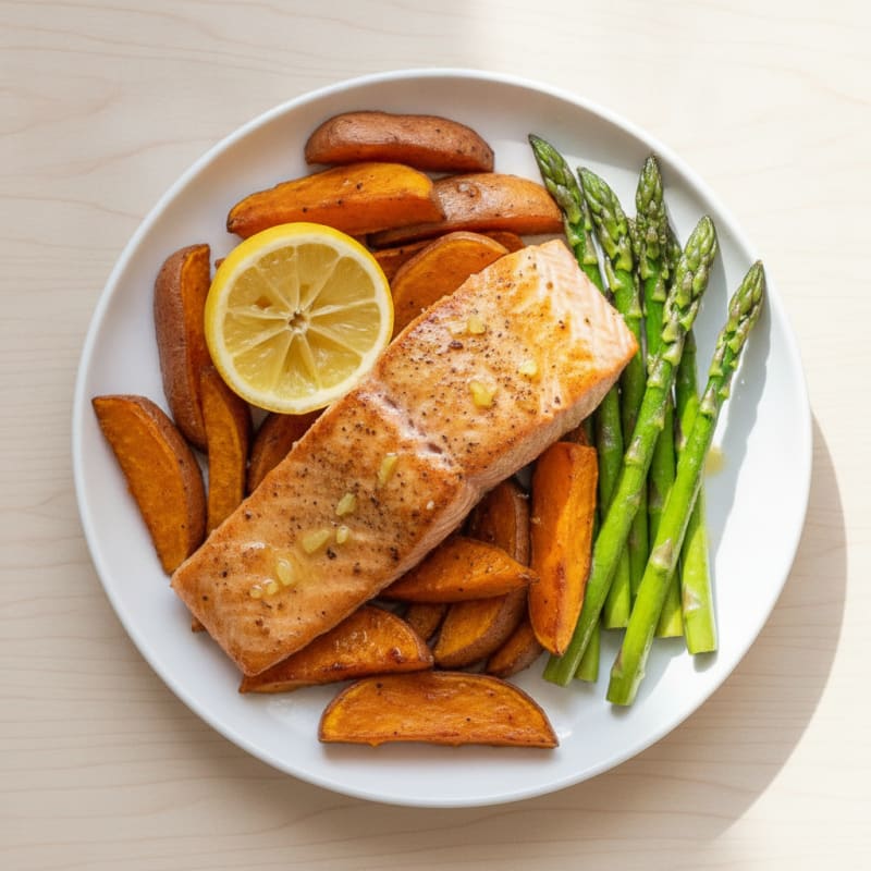 Seared Salmon with Roasted Sweet Potatoes and Asparagus