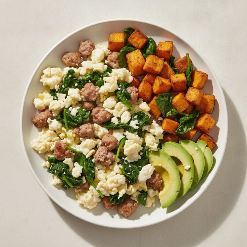 Scrambled Egg Whites with Turkey Sausage and Sautéed Spinach