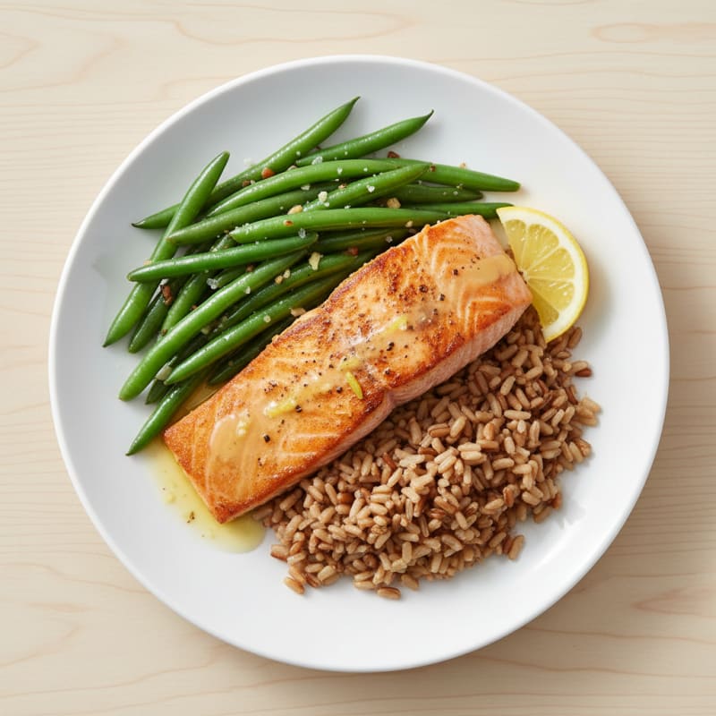 Seared Salmon with Garlic Green Beans and Brown Rice