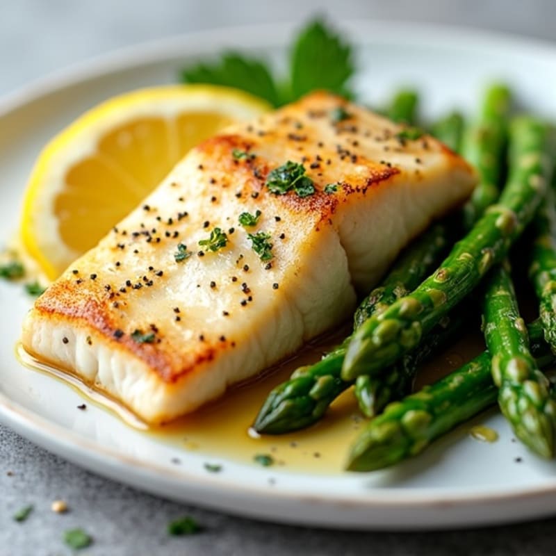 Seared Cod Fillet with Steamed Asparagus and Garlic