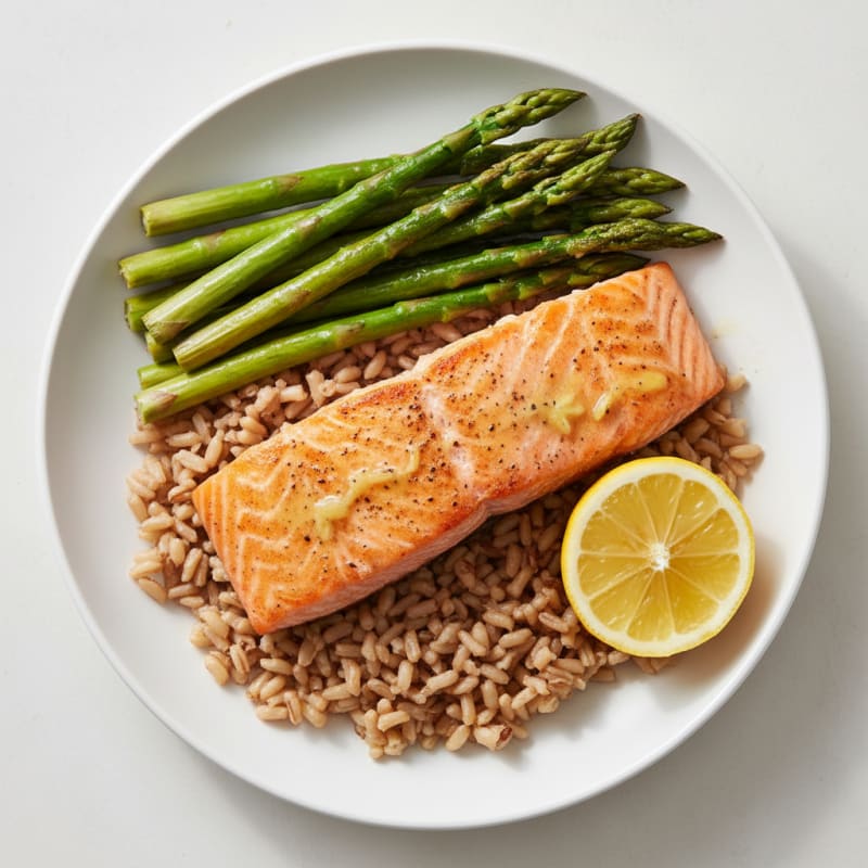 Seared Salmon with Steamed Asparagus and Brown Rice