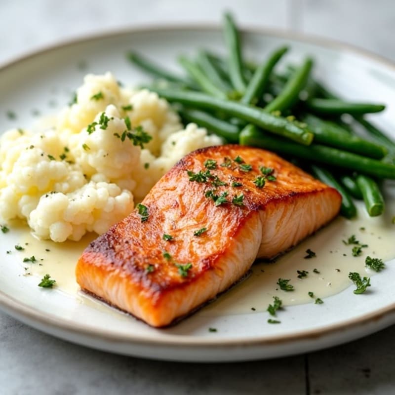 Seared Salmon Fillet with Garlic Green Beans and Cauliflower Mash