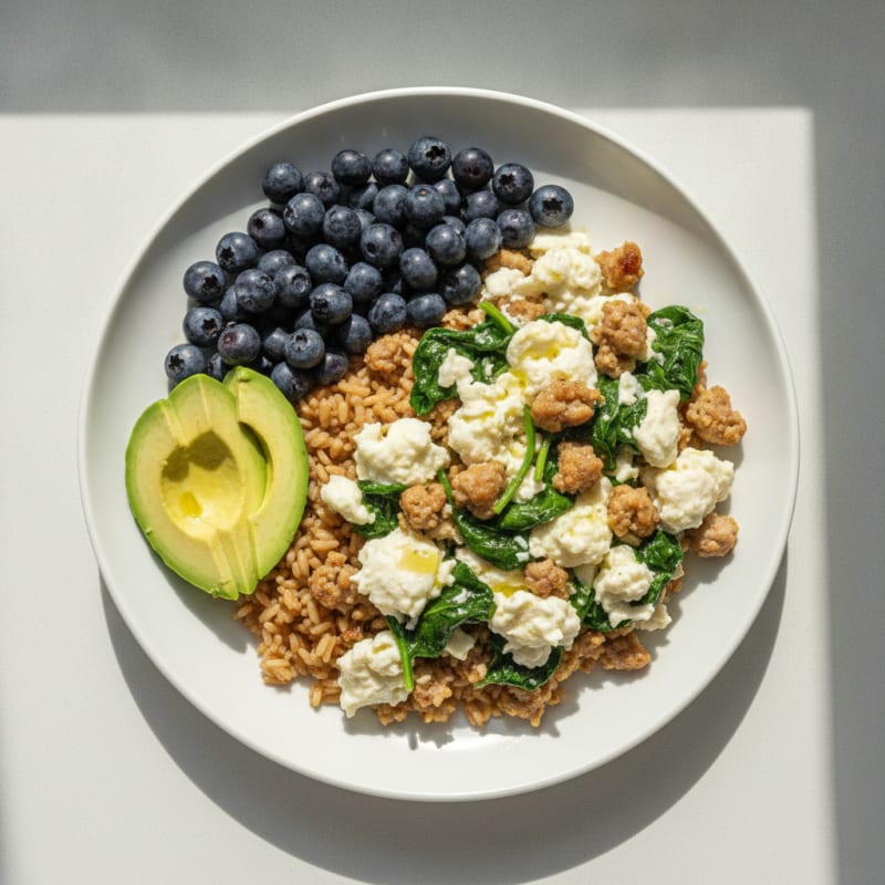 Egg White and Turkey Sausage Scramble with Spinach and Fresh Berries