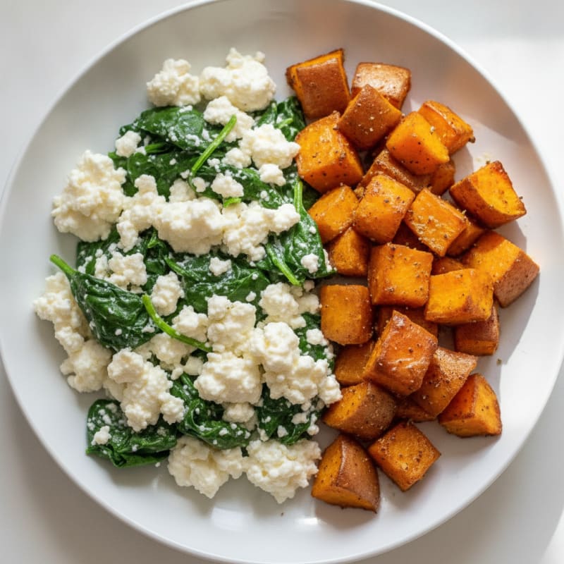 Egg White and Cottage Cheese Scramble with Spinach and Roasted Sweet Potatoes