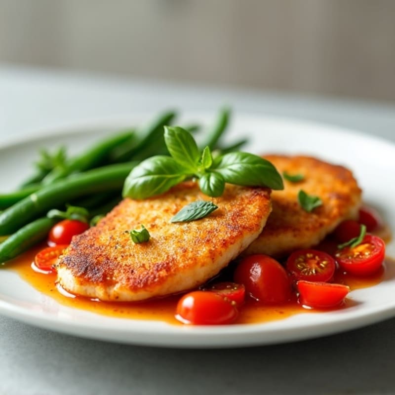 Crispy Baked Chicken Cutlets with Fresh Tomato Sauce and Tender Green Beans