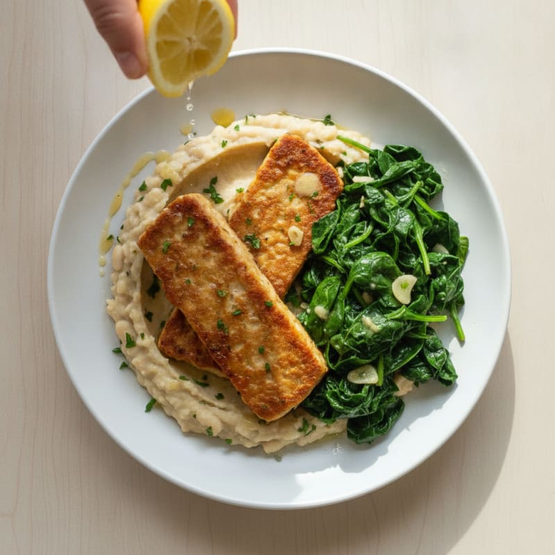 Seared Tempeh with Creamy White Bean Mash and Sautéed Spinach