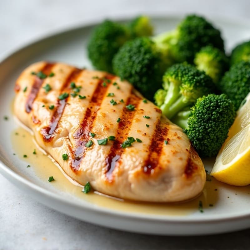 Grilled Chicken Breast with Steamed Broccoli and Lemon