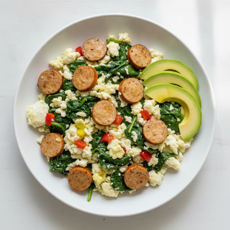 Egg White and Turkey Sausage Scramble with Sautéed Spinach