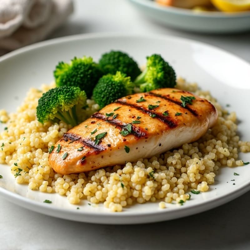 Herb-Grilled Chicken Breast with Steamed Broccoli and Quinoa
