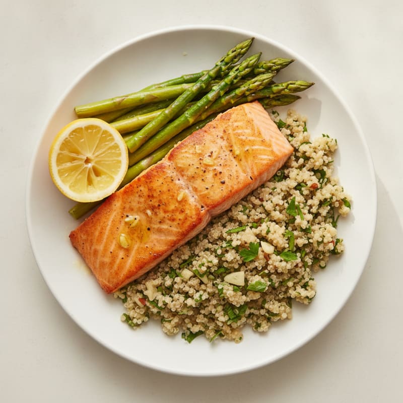 Seared Salmon with Herb-Quinoa Pilaf and Steamed Asparagus