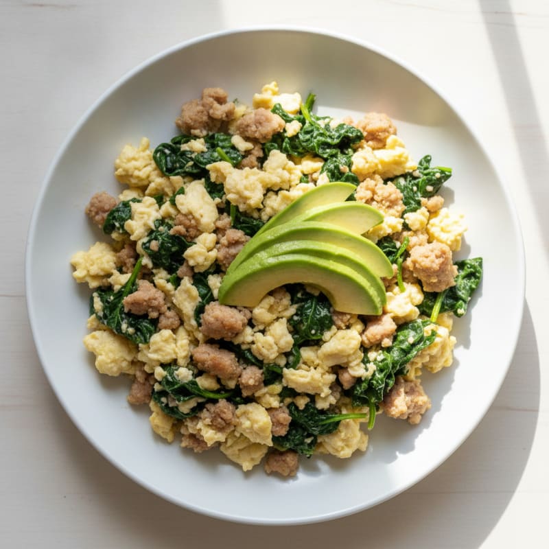 Egg White Scramble with Turkey Sausage and Sautéed Spinach