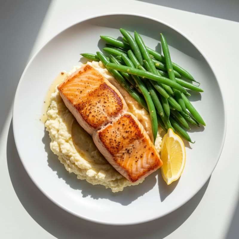 Seared Salmon with Steamed Green Beans and Cauliflower Mash