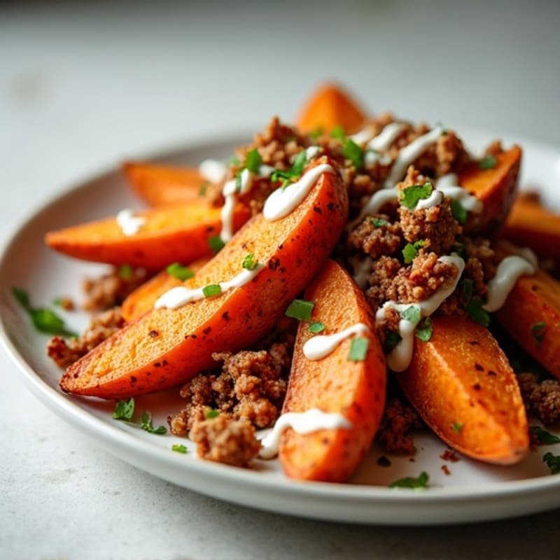 Crispy Sweet Potato Wedges with Turkey Bacon Crumbles