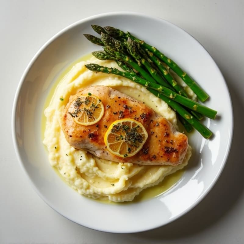 Lemon-Herb Roasted Chicken with Creamy Buttery Garlic Mashed Potatoes and Roasted Asparagus