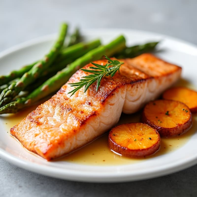 Seared Salmon with Roasted Asparagus and Sweet Potato