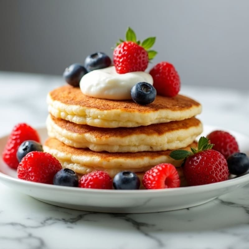 Fluffy Cottage Cheese Pancakes with Greek Yogurt and Fresh Berries
