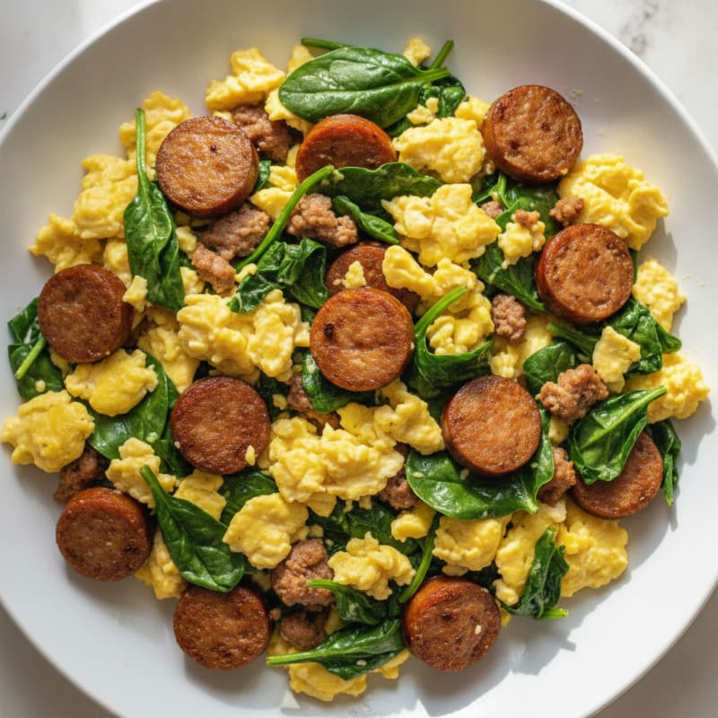 Scrambled Eggs with Turkey Sausage and Sautéed Spinach