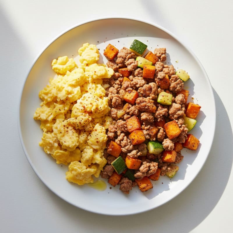 Scrambled Eggs with Ground Turkey and Sweet Potato Hash
