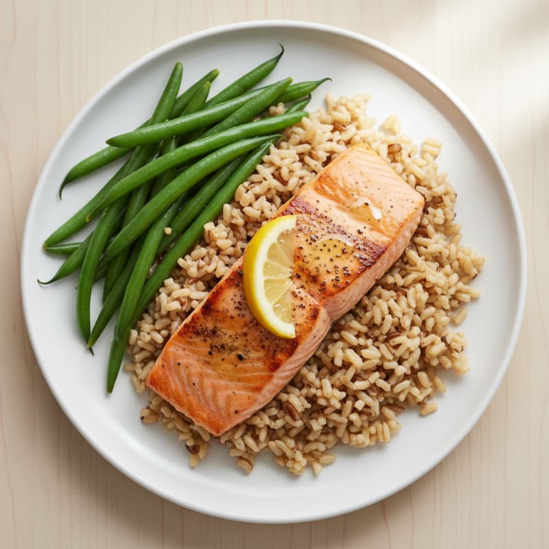 Seared Salmon Fillet with Steamed Green Beans and Brown Rice