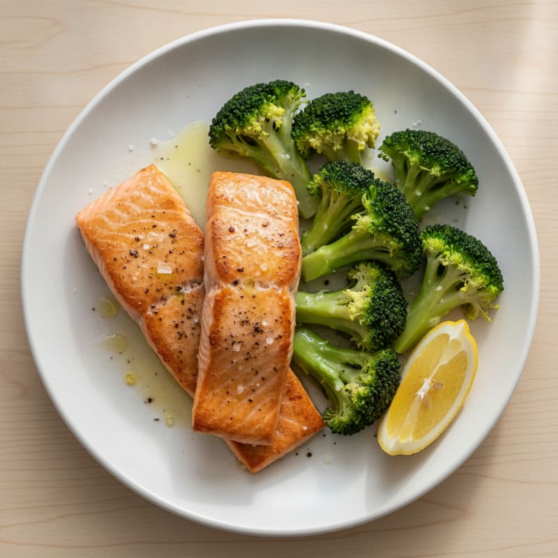Seared Salmon with Steamed Broccoli and Lemon
