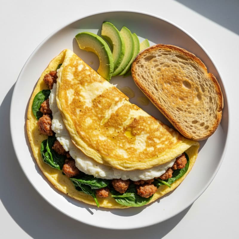 Crispy Egg White Omelette with Turkey Sausage and Spinach