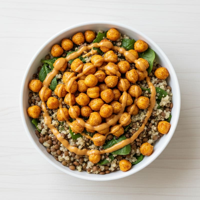 Lentil and Quinoa Power Bowl with Roasted Chickpeas