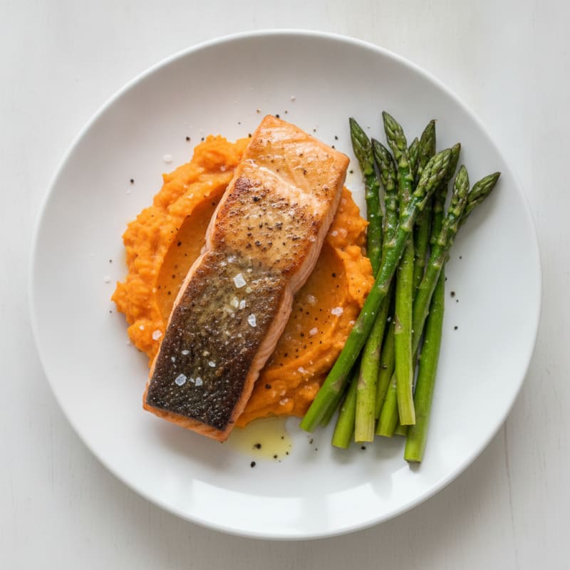 Seared Salmon Fillet with Roasted Asparagus and Sweet Potato Mash