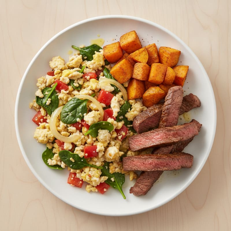 Egg White and Vegetable Scramble with Seared Steak Strips