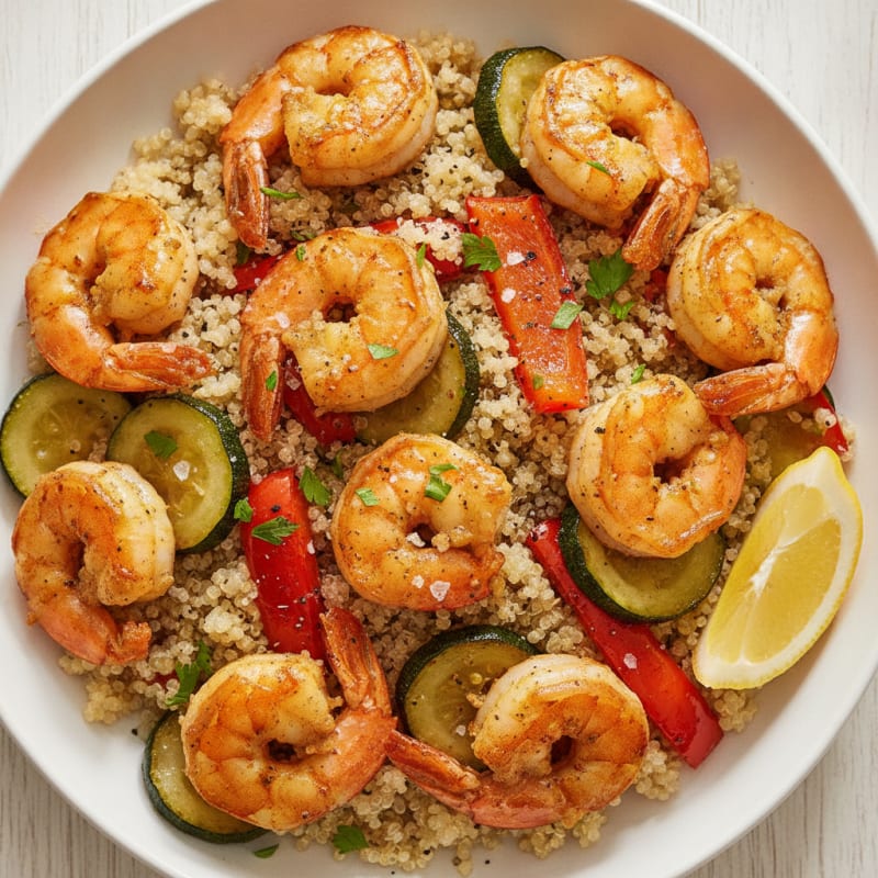 Garlic Butter Prawns with Quinoa and Roasted Vegetables