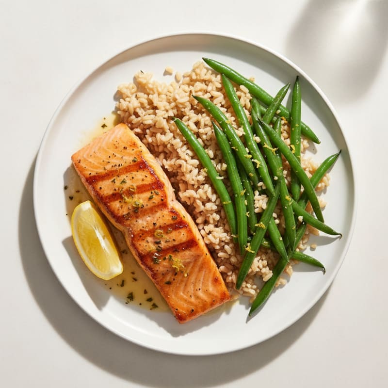 Seared Salmon with Garlic Green Beans and Brown Rice