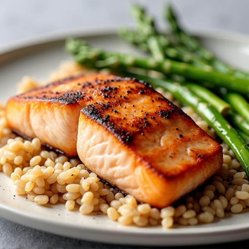 Seared Salmon Fillet with Steamed Asparagus and Brown Rice