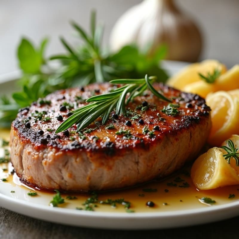 Herb-Crusted Pan Seared Steak with Roasted Garlic