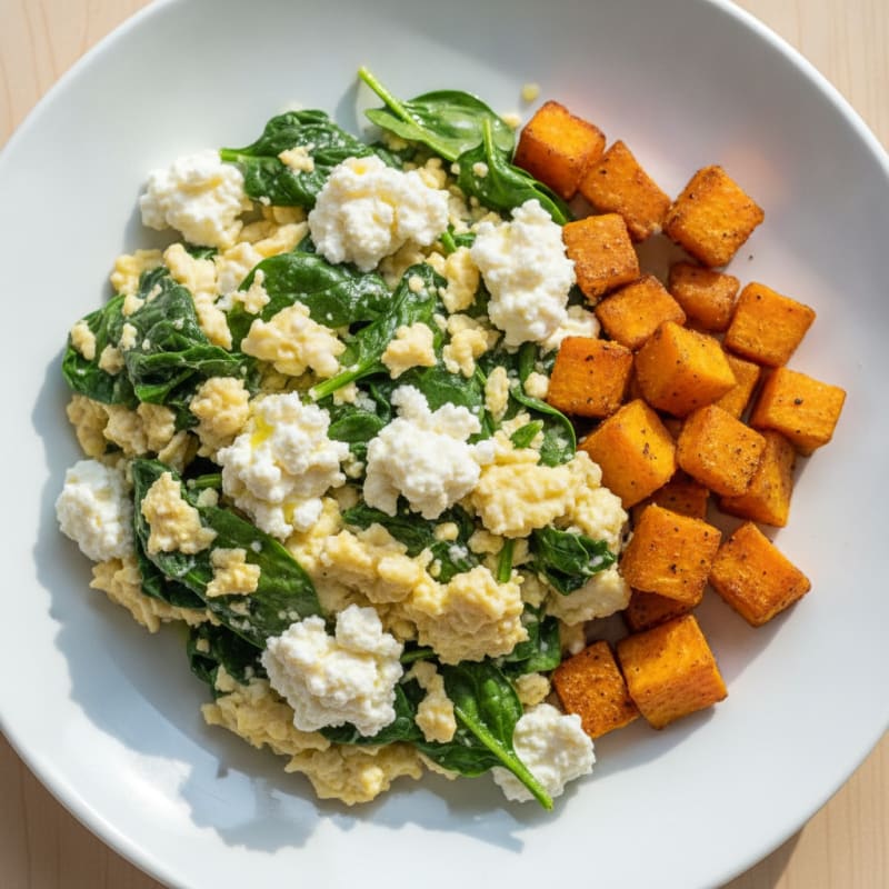 Egg White and Spinach Scramble with Cottage Cheese and Roasted Sweet Potato