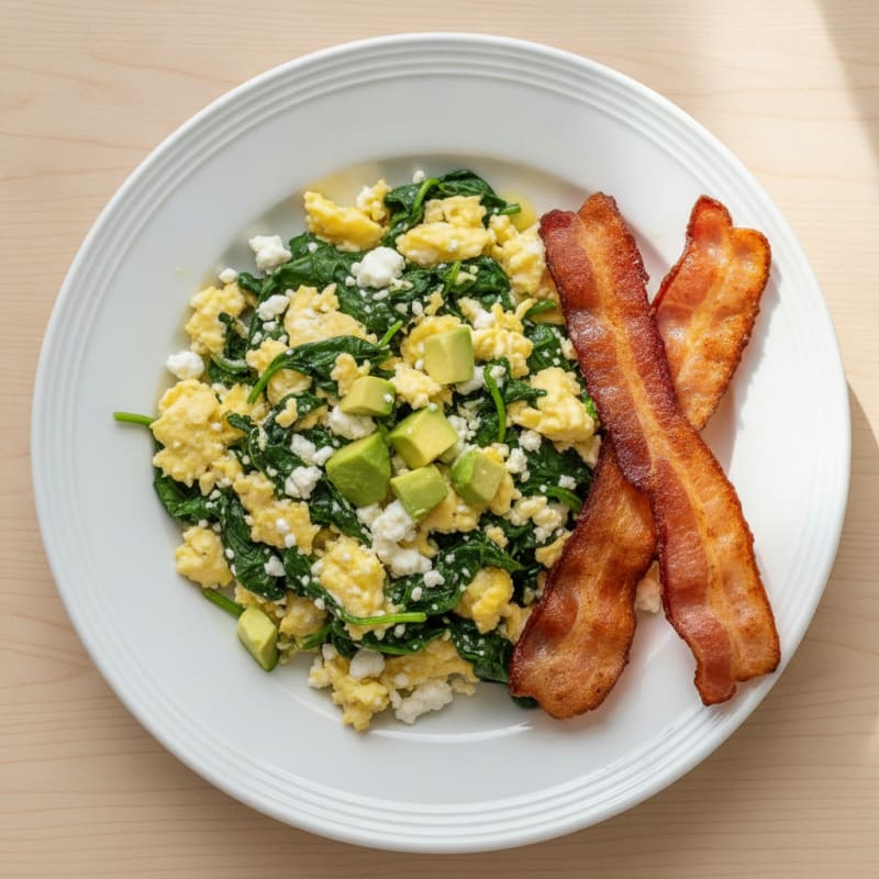 Cottage Cheese Egg Scramble with Spinach and Turkey Bacon