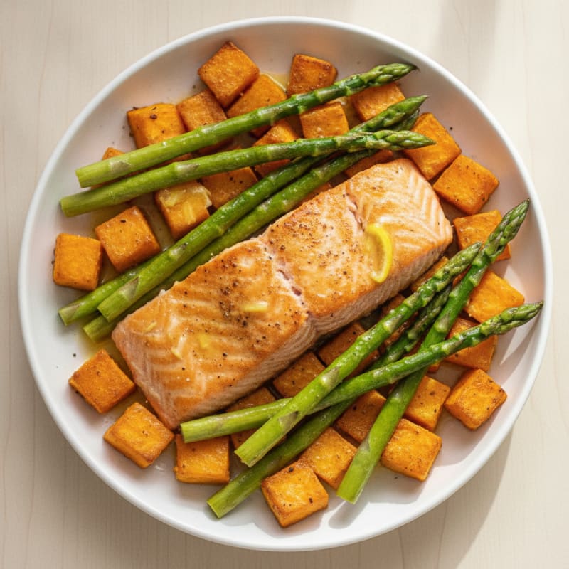 Seared Salmon Filet with Roasted Sweet Potatoes and Asparagus