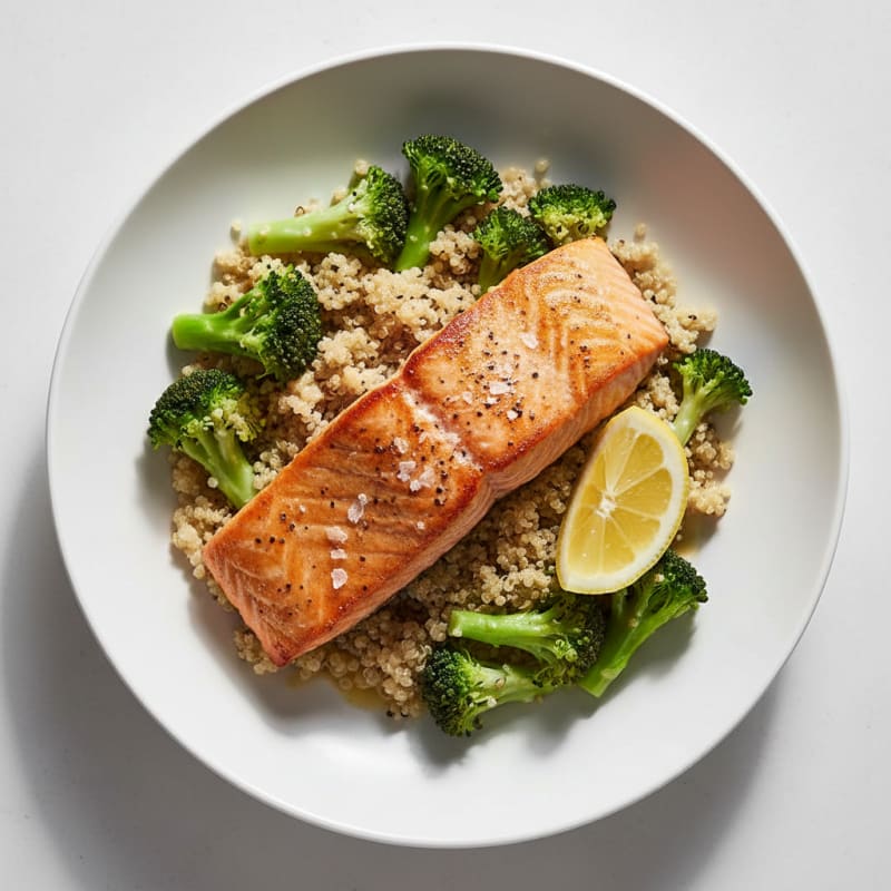 Seared Salmon with Steamed Broccoli and Quinoa